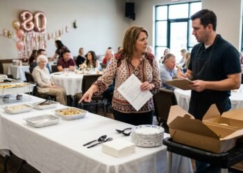 Mulher contrata buffet para aniversário de 80 anos da mãe e, no dia da festa, a empresa chega com apenas metade da comida prevista; após pagar refeições extras para os convidados, ela cobra o reembolso e indenização