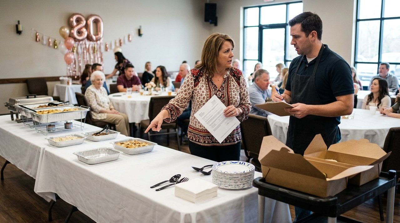 Mulher contrata buffet para aniversário de 80 anos da mãe e, no dia da festa, a empresa chega com apenas metade da comida prevista; após pagar refeições extras para os convidados, ela cobra o reembolso e indenização