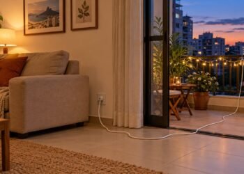 A extensão que atravessa a sala até a varanda concentra toda a carga do pisca-pisca de Natal e pode virar o ponto mais frágil da instalação
