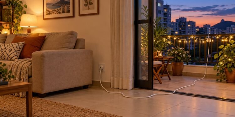 A extensão que atravessa a sala até a varanda concentra toda a carga do pisca-pisca de Natal e pode virar o ponto mais frágil da instalação