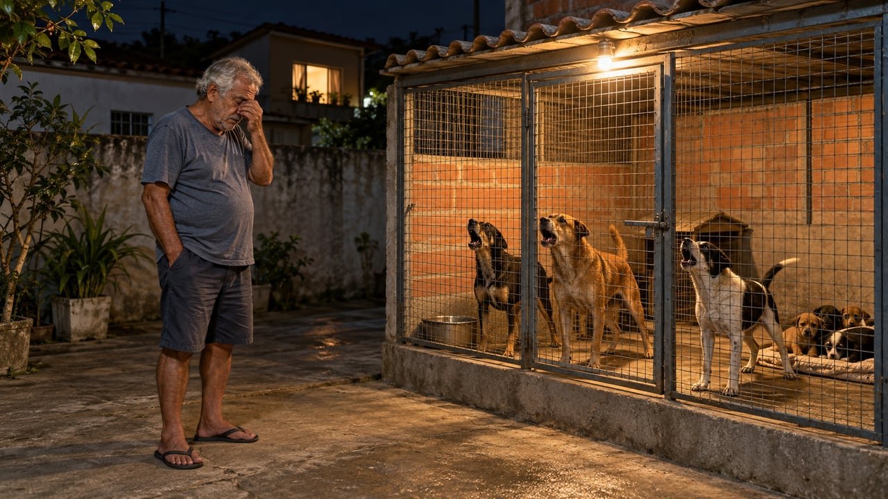 Aposentado gasta R$ 15 mil para montar um canil no quintal e vender filhotes, mas os latidos de madrugada viram alvo de reclamações; a prefeitura recebe denúncia sobre criação de animais em área residencial