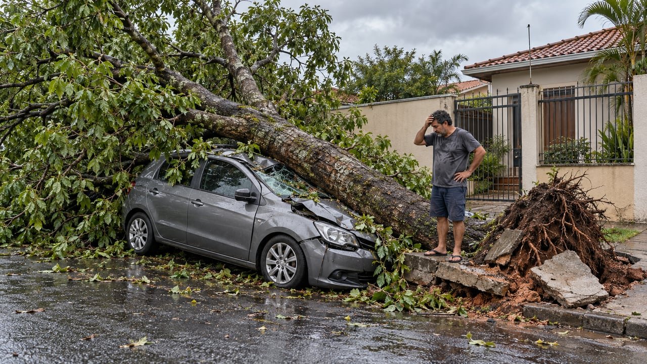 Árvore da calçada despenca durante temporal, destrói carro estacionado em frente de casa e dono consegue indenização porque a prefeitura havia sido avisada do risco meses antes