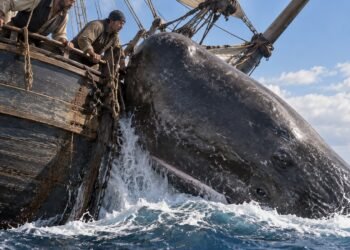 Cachalote emerge colado à proa de um navio baleeiro de madeira, com marinheiros no convés