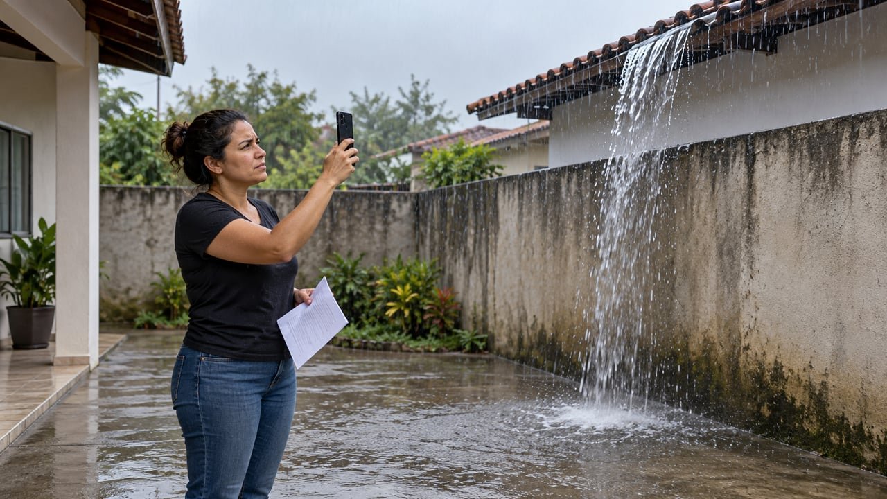 Fotos e vídeos do escoamento durante a chuva ajudam a provar o dano antes de cobrar o vizinho