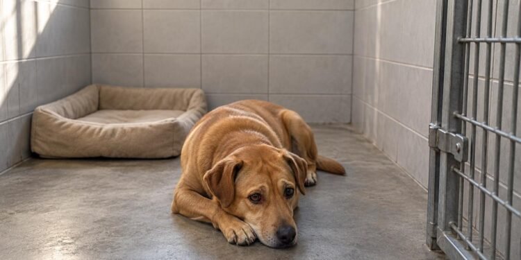 Cão confinado em baia durante o dia, apesar da promessa de atividades anunciada pela creche