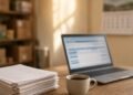 Mesa de escritório de pequena empresa com notebook aberto em portal de impostos e calendário ao fundo