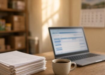Mesa de escritório de pequena empresa com notebook aberto em portal de impostos e calendário ao fundo