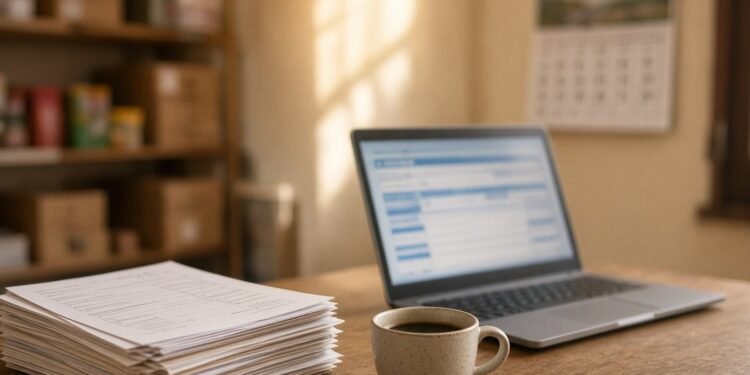 Mesa de escritório de pequena empresa com notebook aberto em portal de impostos e calendário ao fundo