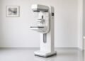 Sala de exame com aparelho de mamografia digital em clínica