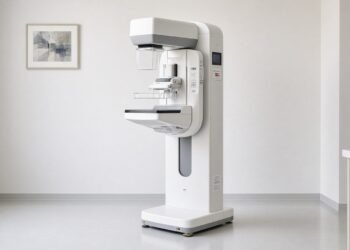 Sala de exame com aparelho de mamografia digital em clínica