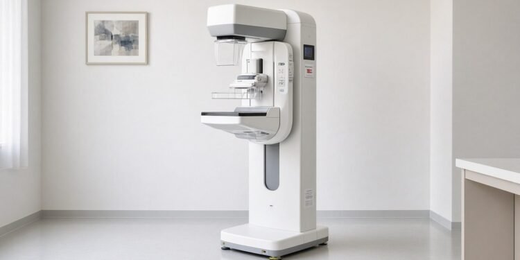 Sala de exame com aparelho de mamografia digital em clínica
