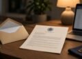 Carta oficial aberta sobre mesa ao lado de notebook com declaração de imposto