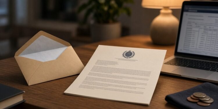 Carta oficial aberta sobre mesa ao lado de notebook com declaração de imposto