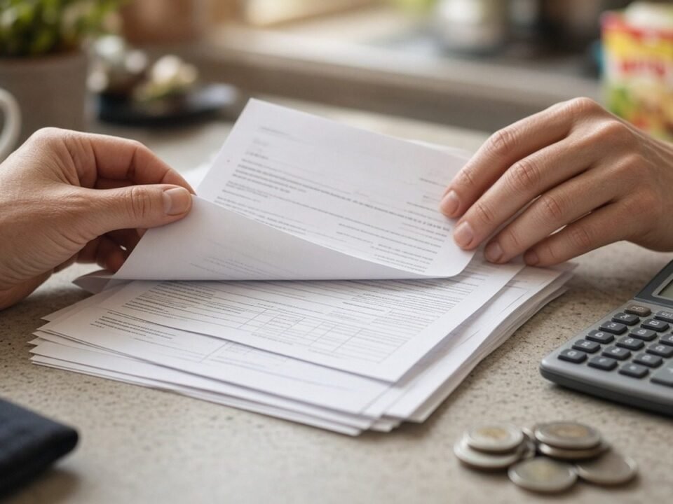 Mãos separando recibos e informes de rendimentos sobre a mesa