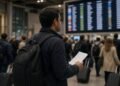 Saguão de aeroporto com passageiros diante do painel de voos