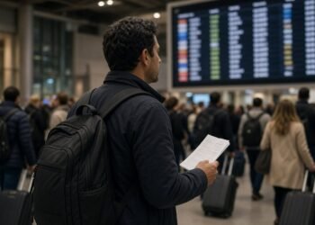 Saguão de aeroporto com passageiros diante do painel de voos