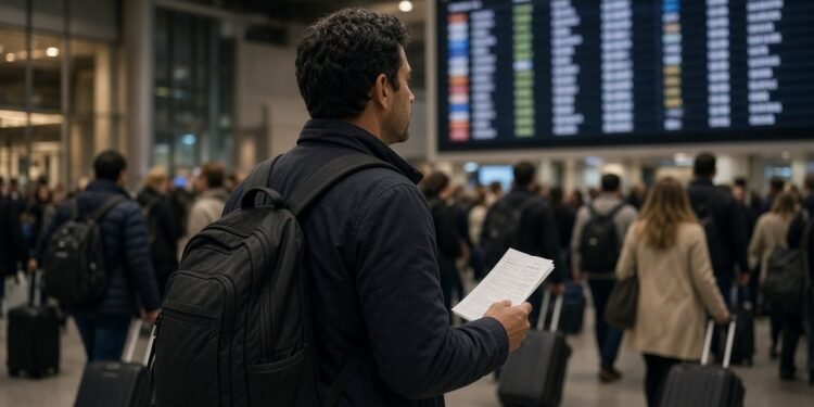 Saguão de aeroporto com passageiros diante do painel de voos