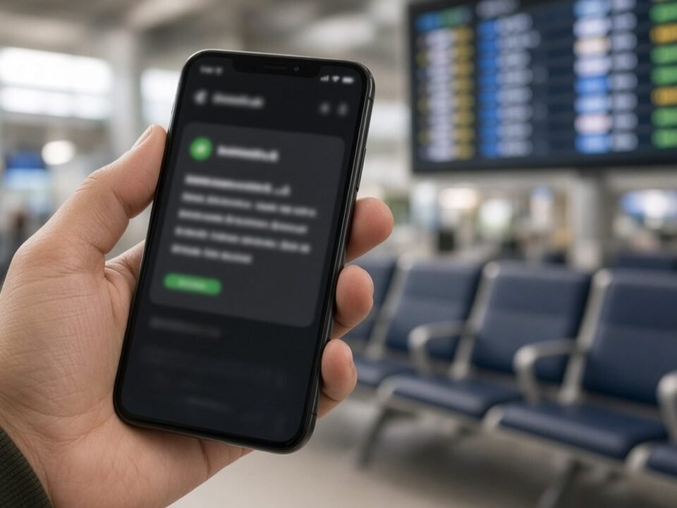 Celular com aviso de status de voo na mão de passageiro no portão de embarque