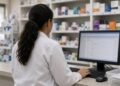 Farmacêutico no balcão consultando receita eletrônica na tela