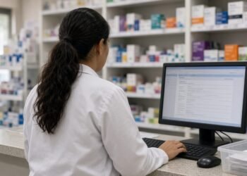 Farmacêutico no balcão consultando receita eletrônica na tela