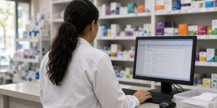 Farmacêutico no balcão consultando receita eletrônica na tela
