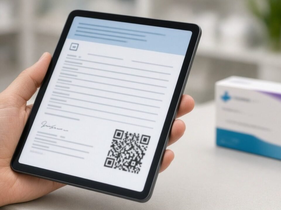 Receita eletrônica em tablet sobre balcão de farmácia
