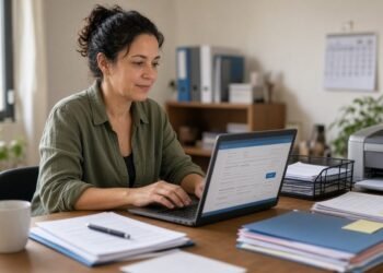 Mesa de prestador de serviço com notebook em tela de emissão de nota fiscal