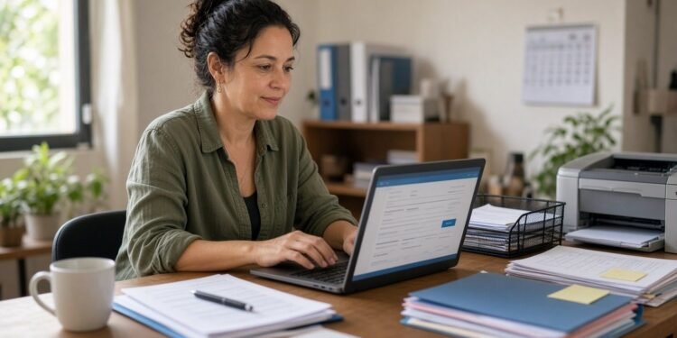 Mesa de prestador de serviço com notebook em tela de emissão de nota fiscal