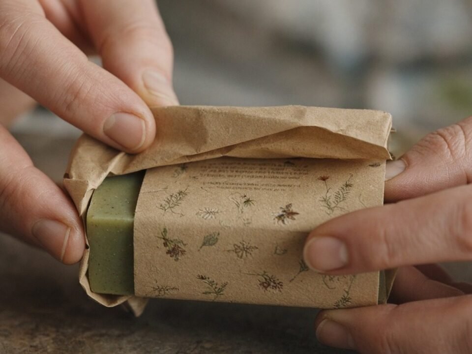 Mãos embalando sabonete artesanal com rótulo de papel kraft