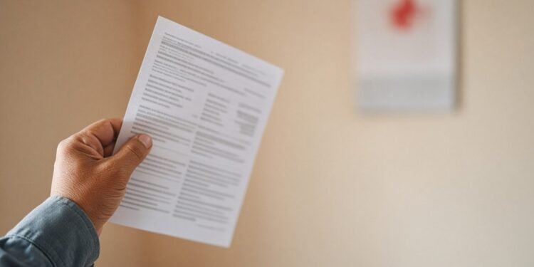 Mão segurando contracheque com calendário de dezembro ao fundo