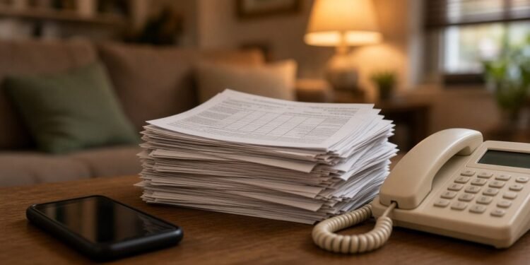 Contas antigas de telefone sobre a mesa ao lado de celular e telefone fixo