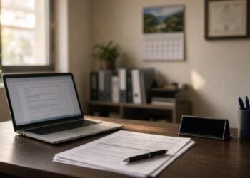 Escritório de corretor de seguros com apólices impressas sobre a mesa
