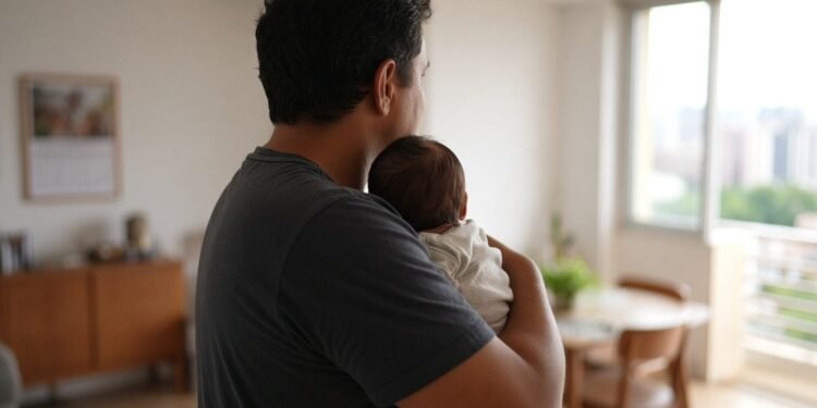Pai segurando o recém-nascido no colo em apartamento iluminado