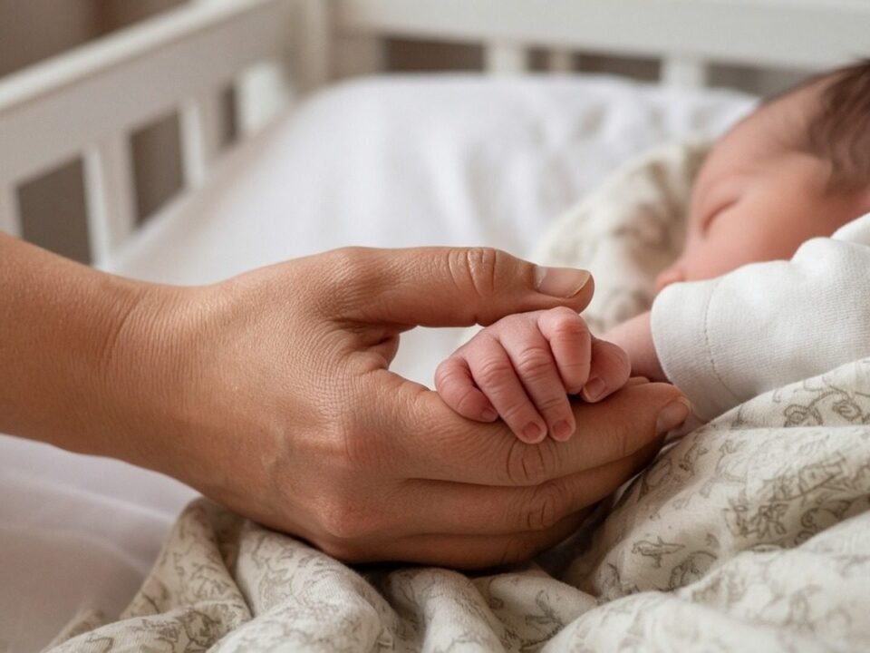 Mão de adulto segurando a mãozinha de um bebê no berço