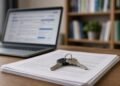Mesa de escritório em casa com notebook, contrato impresso e chaves