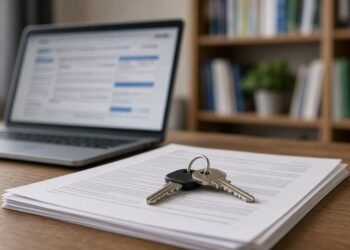 Mesa de escritório em casa com notebook, contrato impresso e chaves