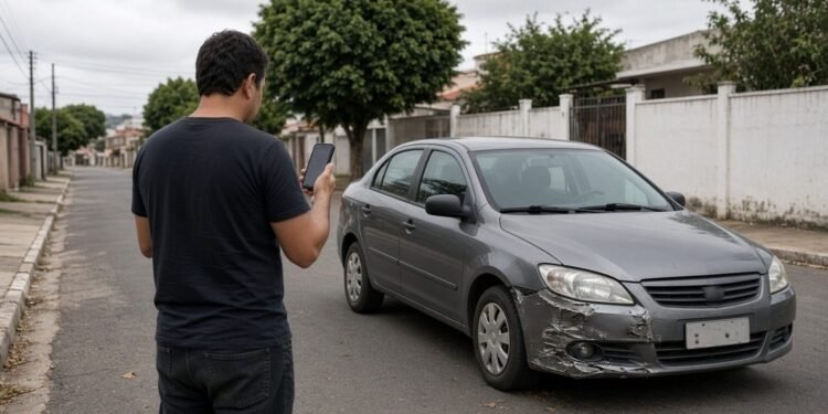 Pessoa fotografando o para-choque amassado de um carro na rua