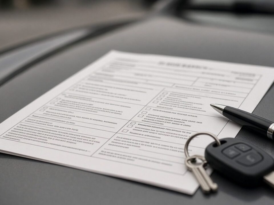 Formulário de sinistro de seguro sobre o capô do carro