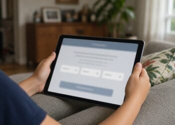 Mãos de criança com tablet aberto em tela de verificação de idade