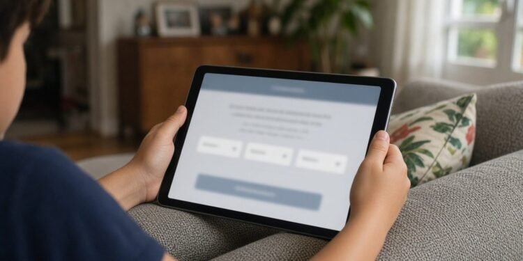 Mãos de criança com tablet aberto em tela de verificação de idade