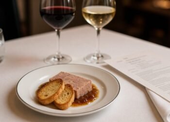 Mesa de restaurante com cardápio impresso e prato de patê