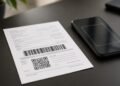 Boleto impresso com código de barras e QR Code ao lado de celular