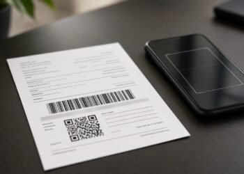 Boleto impresso com código de barras e QR Code ao lado de celular