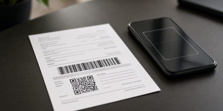 Boleto impresso com código de barras e QR Code ao lado de celular