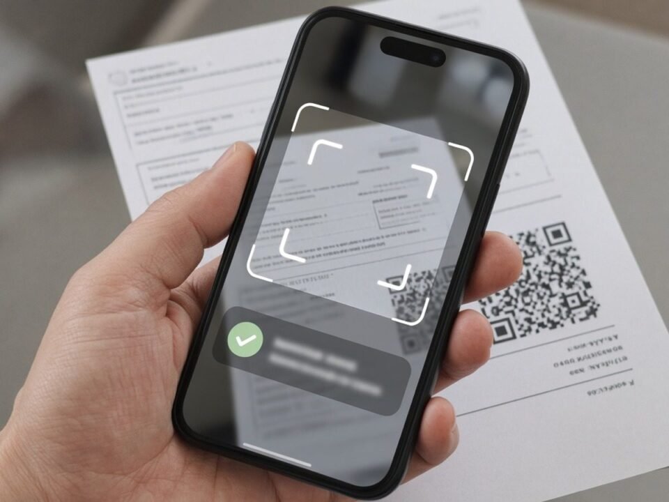 Celular lendo o QR Code de um boleto impresso