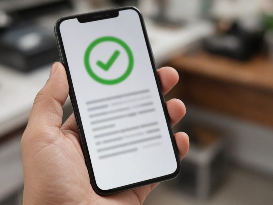 Mão segurando celular com comprovante de pagamento