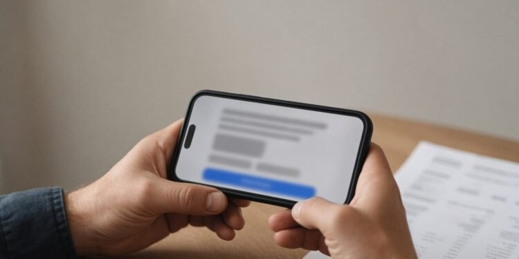 Mãos com celular em tela de autorização de pagamento recorrente
