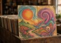 LP antigo com capa de arte psicodélica em caixote de loja de discos usados