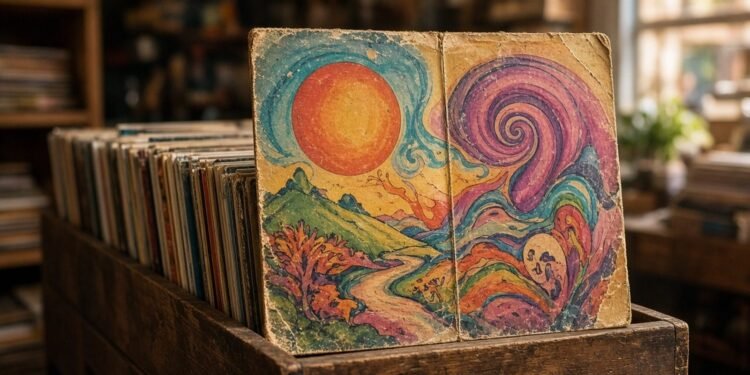 LP antigo com capa de arte psicodélica em caixote de loja de discos usados