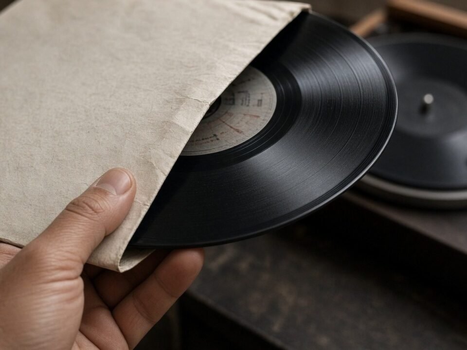 Disco de vinil saindo do envelope com toca-discos ao fundo